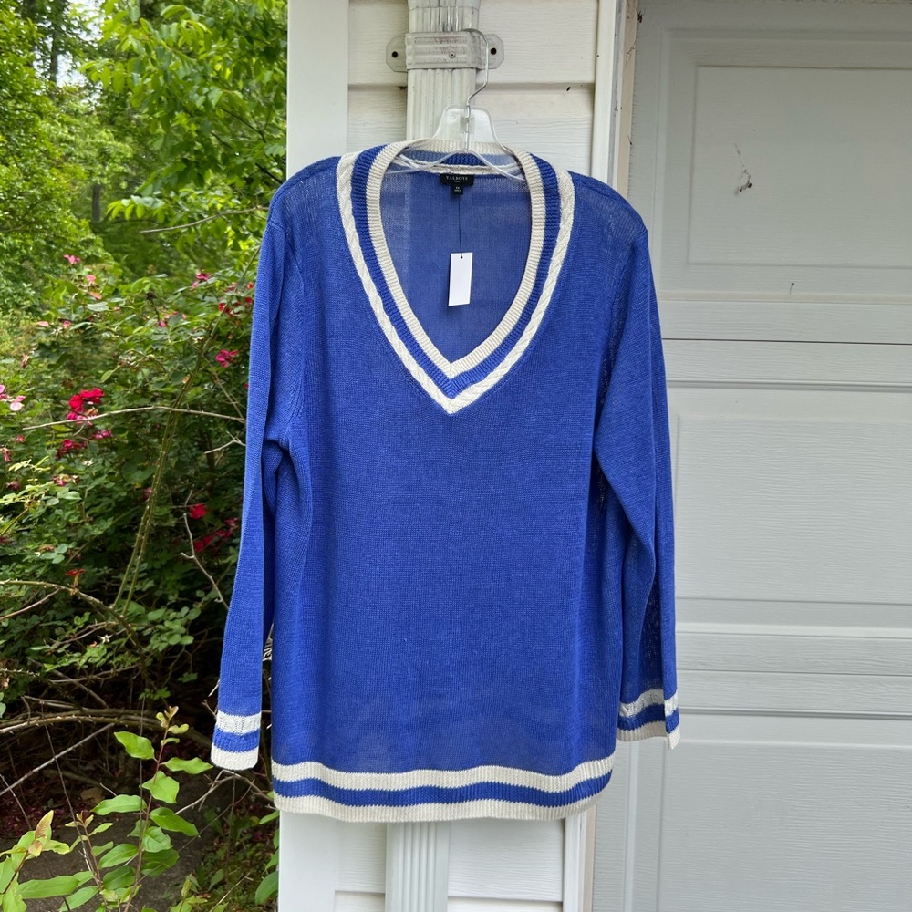 NWT Talbots Pretty Royal Blue White Stripe V-Neck 100% Linen Sweater